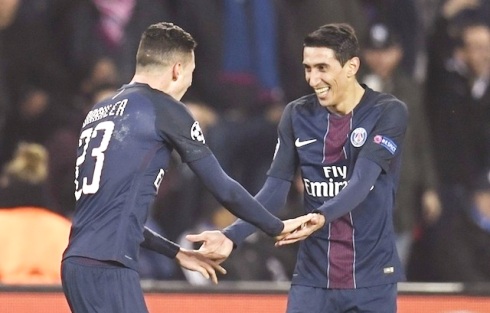 PSG’s Angel Di Maria rejoices with team mate after scoring a brace against Barcelona