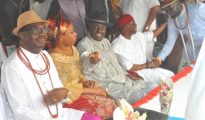 R-L- Chief Ayiri Emami, Delta State Gov Ifeanyi Okowa, Chief James Ibori and his wife and Chairman of the occasion, Chief Johnson M Barovbe